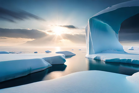 A colossal floating ice sheet forming a characteristic turn over the bone chilling waters. Creative resource, AI Generatedの素材