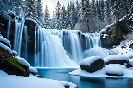 A cemented waterfall taking after a gem shape in a winter wonderland. Creative resource, AI Generatedの素材