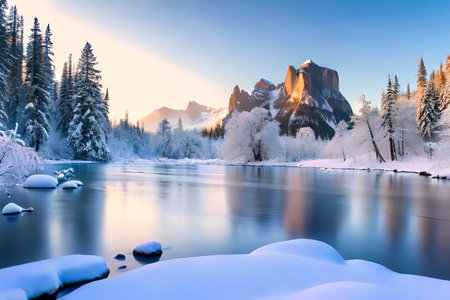 A winter wonderland scene with snow secured trees and a set stream. Creative resource, AI Generatedの素材