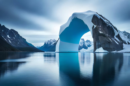A colossal drifting ice sheet shaping a characteristic twist over the bone chilling waters. Creative resource, AI Generatedの素材