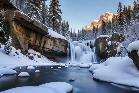A solidified waterfall with icicles and snow secured rocks, capturing the quintessence of winter. Creative resource, AI Generatedの素材