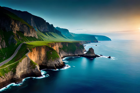 A breathtaking airborne see of tough coastal cliffs assembly the profound blue ocean. Creative resource, AI Generatedの素材