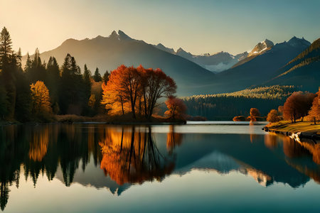 Appear a calm lake or lake reflecting the heavenliness of the passing year and the freshness of the show day one. Creative resource, AI Generatedの素材