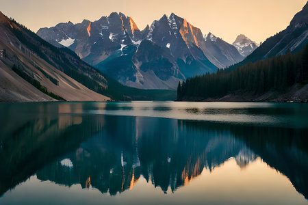 A calm lake reflecting the brilliant mountain crests that cement it. Creative resource, AI Generatedの素材