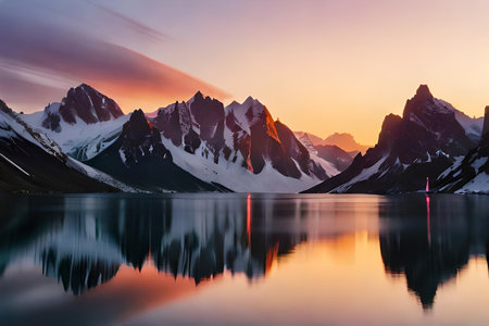 A breathtaking see of snow capped mountain crests rising tall against a colorful dusk sky. Creative resource, AI Generatedの素材