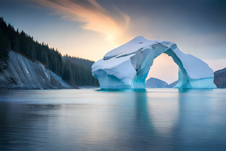 A colossal floating ice sheet forming a characteristic turn over the bone chilling waters. Creative resource, AI Generatedの素材