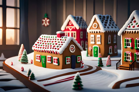Arrange a charming gingerbread town with adorable houses, sweet canes, and gingerbread people. Creative resource, AI Generatedの素材