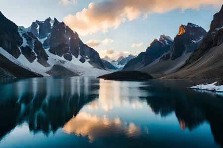 A idealize snow capped lake settled inner parts the center of towering ice sheets and snow capped crests. Creative resource, AI Generatedの素材
