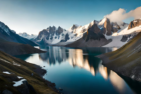 A idealize snow capped lake settled internal parts the center of towering ice sheets and snow capped peaks. Creative resource, AI Generatedの素材