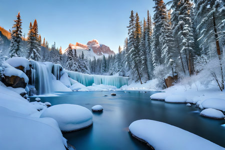 A cemented waterfall taking after a crucial stone shape in a winter wonderland. Creative resource, AI Generatedの素材