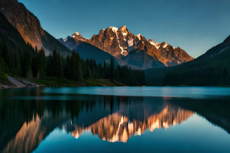 A calm lake reflecting the encompassing mountains and sky like a reflect. Creative resource, AI Generatedの素材
