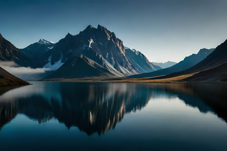 A calm lake reflecting the brilliant mountain peaks that cement it. Creative resource, AI Generatedの素材