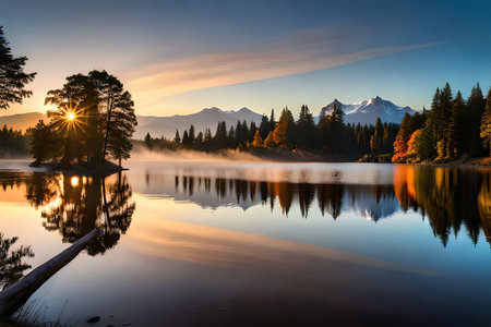 A calm lake included by trees, reflecting the colors of the setting sun. Creative resource, AI Generatedの素材