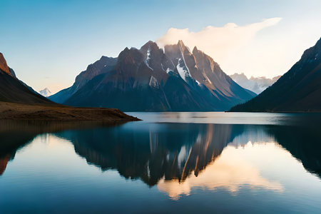A calm lake reflecting the enveloping mountains and sky like a reflect. Creative resource, AI Generatedの素材
