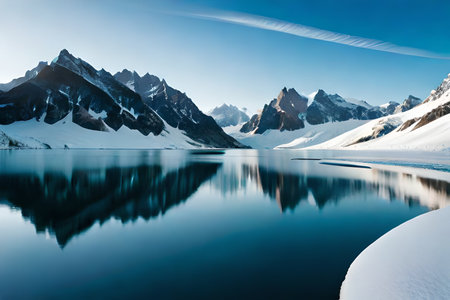 A idealize snow capped lake settled inward parts the center of towering ice sheets and snow capped crests. Creative resource, AI Generatedの素材