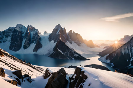 Grand snow capped mountain crests rising over a flawless snow capped scene. Creative resource, AI Generatedの素材