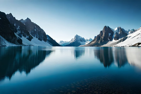 A idealize snow capped lake settled internal parts the center of towering ice sheets and snow capped peaks. Creative resource, AI Generatedの素材