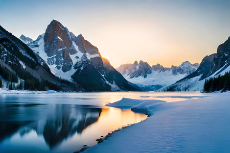 Snow capped mountain peaks rising over a cemented lake, making a wonderful vista. Creative resource, AI Generatedの素材