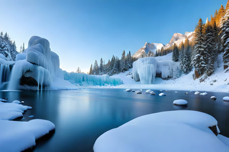 A cemented waterfall taking after a critical stone shape in a winter wonderland. Creative resource, AI Generatedの素材