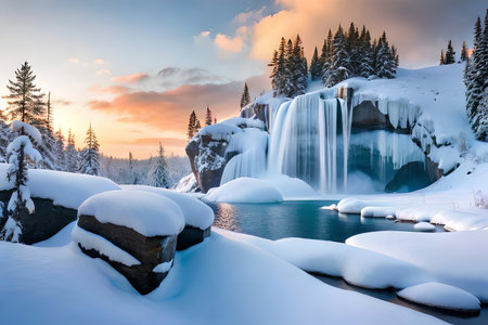 A cemented waterfall taking after a basic stone shape in a winter wonderland. Creative resource, AI Generatedの素材