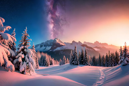 Show off a calm scaled down as Santa's sleigh coasts through a starry, snow kissed sky. Creative resource, AI Generatedの素材