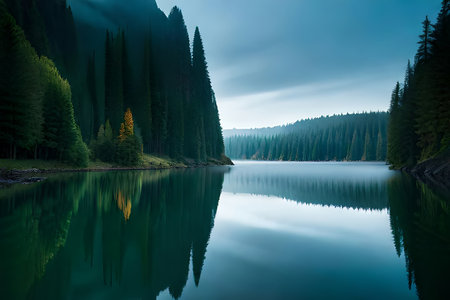 A cloudiness secured mountain lake with evergreen trees reflected on its sparkly surface. Creative resource, AI Generatedの素材
