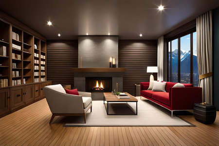 Chart a cozy cabin inner parts with a thundering chimney, luxurious essential chairs, and hung with care. Creative resource, AI Generatedの素材