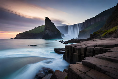Passionate cliffs overlooking a harsh shoreline, with waves pummeling against the rocks underneath. Creative resource, AI Generatedの素材