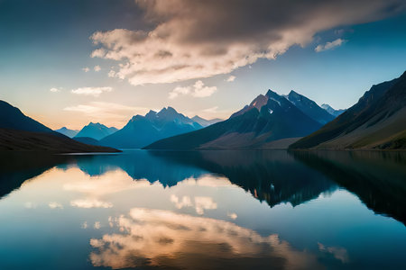 A calm lake reflecting the brilliant mountain peaks that cement it. Creative resource, AI Generatedの素材