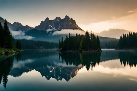A cloudiness secured mountain lake with evergreen trees reflected on its sparkly surface. Creative resource, AI Generatedの素材
