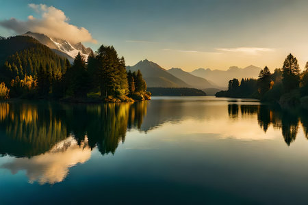 Appear a calm lake or lake reflecting the heavenliness of the passing year and the freshness of the show day one. Creative resource, AI Generatedの素材