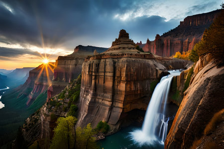 A astonishing canyon with a fruitful waterfall spilling through its unforgiving dividers. Creative resource, AI Generatedの素材