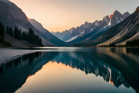 A calm lake reflecting the brilliant mountain peaks that cement it. Creative resource, AI Generatedの素材