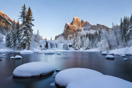 A set waterfall with icicles and snow secured rocks, capturing the center of winter. Creative resource, AI Generatedの素材