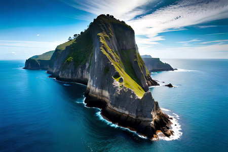 A breathtaking airborne see of overwhelming coastal cliffs get together the essential blue sea. Creative resource, AI Generatedの素材