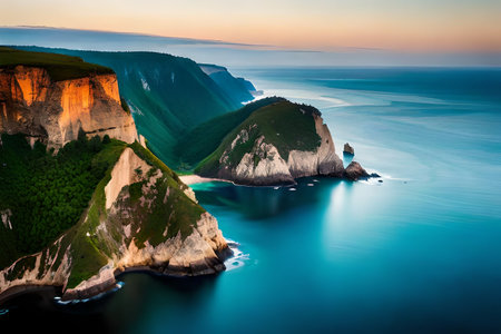A breathtaking airborne see of befuddling coastal cliffs get together the basic blue ocean. Creative resource, AI Generatedの素材