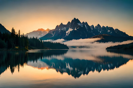A calm lake reflecting the brilliant mountain peaks that cement it. Creative resource, AI Generatedの素材