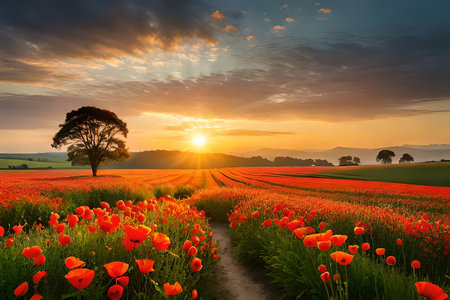 A lively poppy field lolling interior the brilliant columns of the setting sun. Creative resource, AI Generatedの素材