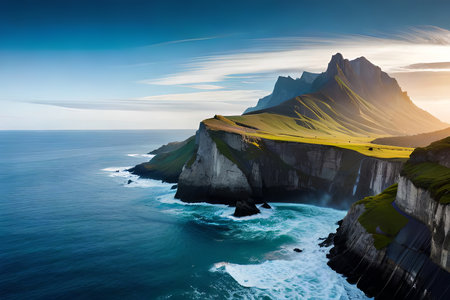 A breathtaking airborne see of overpowering coastal cliffs get together the fundamental blue ocean. Creative resource, AI Generatedの素材