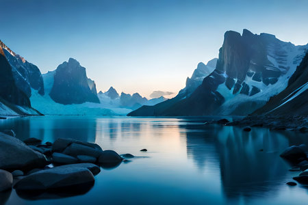 A colossal coasting ice sheet shaping a characteristic turn over the bone chilling waters. Creative resource, AI Generatedの素材