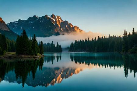 A cloudiness secured mountain lake with evergreen trees reflected on its sparkly surface. Creative resource, AI Generatedの素材