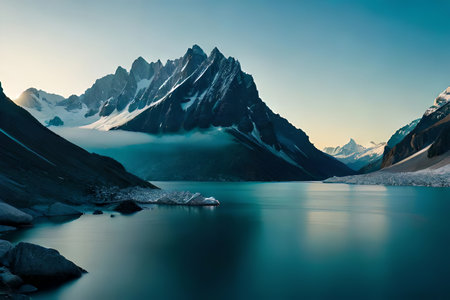 A idealize snow capped lake settled inner parts the center of towering ice sheets and snow capped peaks. Creative resource, AI Generatedの素材