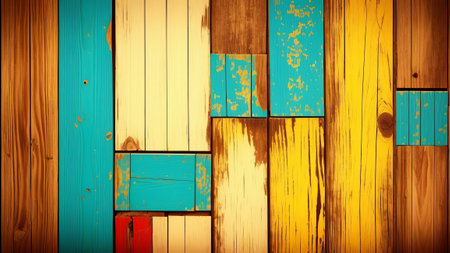 Surface of vintage wood sheets with divide paint of white, ruddy, yellow and blue color. Level retro foundation with wooden sheets of unmistakable colors. Creative resource, AI Generatedの素材