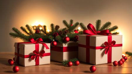 Christmas establishment with events favoring box and Christmas beautification on reddish establishment. Creative resource, AI Generatedの素材