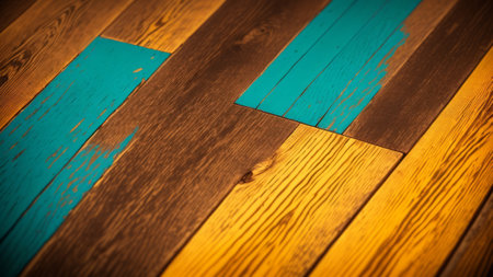 Surface of vintage wood sheets with partition paint of white, rosy, yellow and blue color. Level retro establishment with wooden sheets of unmistakable colors. Creative resource, AI Generatedの素材