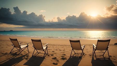 Fabulous shoreline. Chairs on the sandy shoreline by the sea. Summer trip and event concept for tourism. Creative resource, AI Generatedの素材