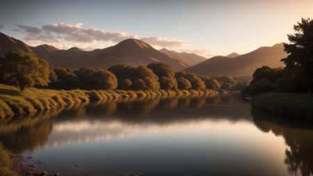 A calm riverside scene, with swells of spread spreading over the water's surface. Creative resource, AI Generatedの素材