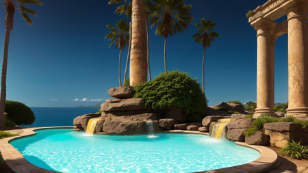 Stone organize stand in extravagance blue pool water. Summer foundation of tropical organize thing course of activity show. Creative resource, AI Generatedの素材