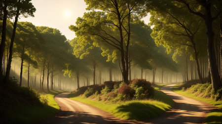 an picture of a timberland way winding through sunlit clearings and thick foliage. Creative resource, AI Generatedの素材