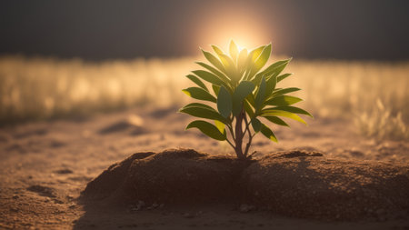 Near Up of a Energetic Plant Showered in Morning Light. Getting a handle on the Essentialness of Show day Beginnings. Creative resource, AI Generatedの素材